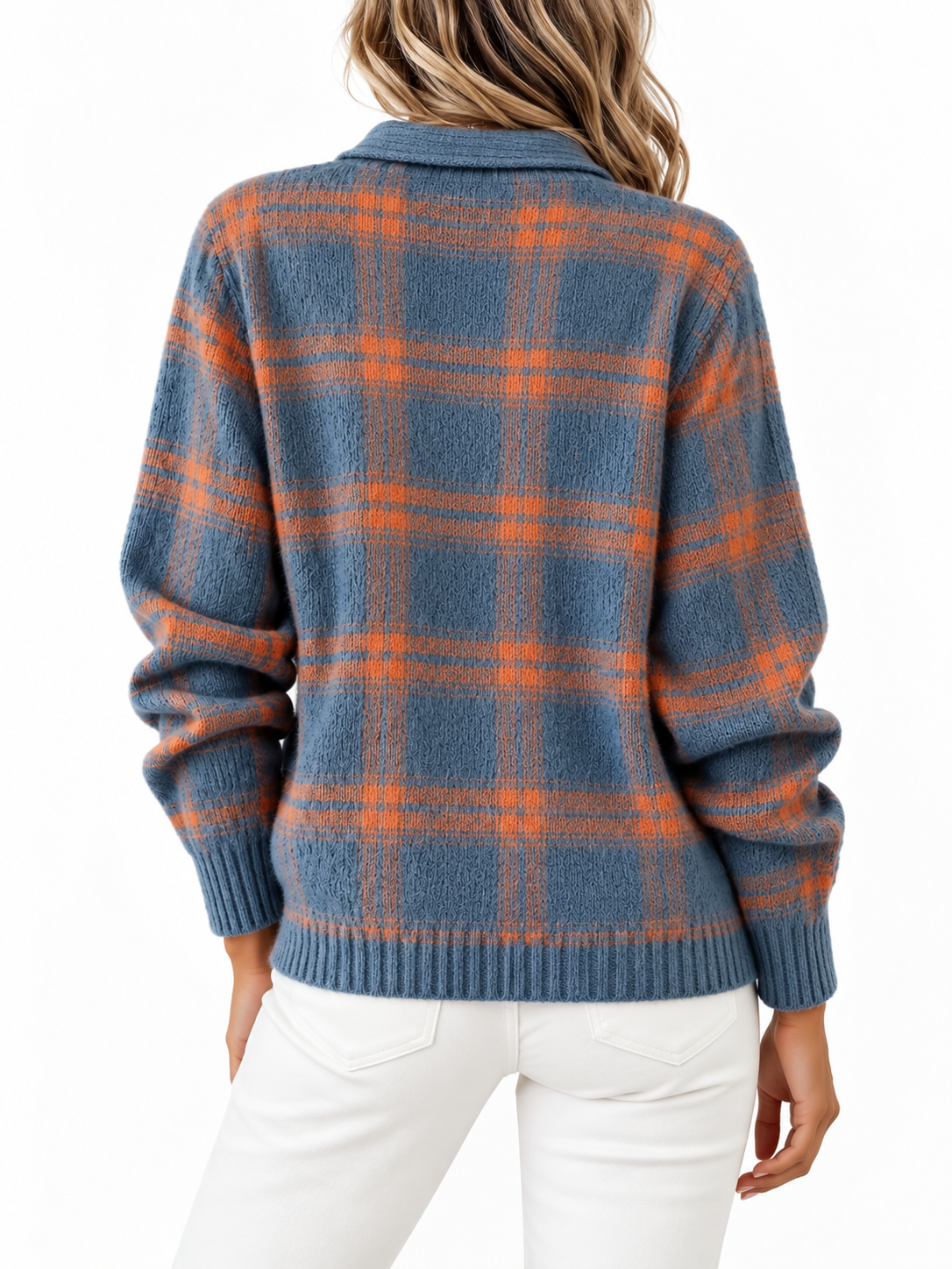 Grazia Geruite Gebreide Cardigan Blauw