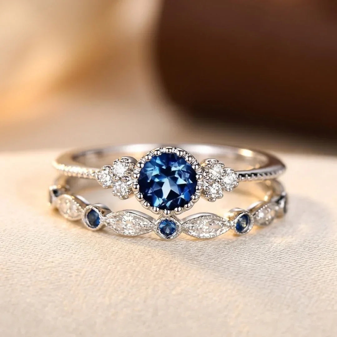 Zilverkleurige Halo Ring Met Saffier