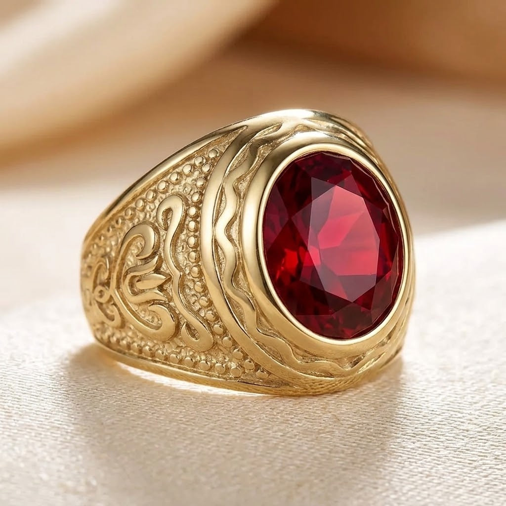 Gouden Ring Met Gegraveerde Robijn