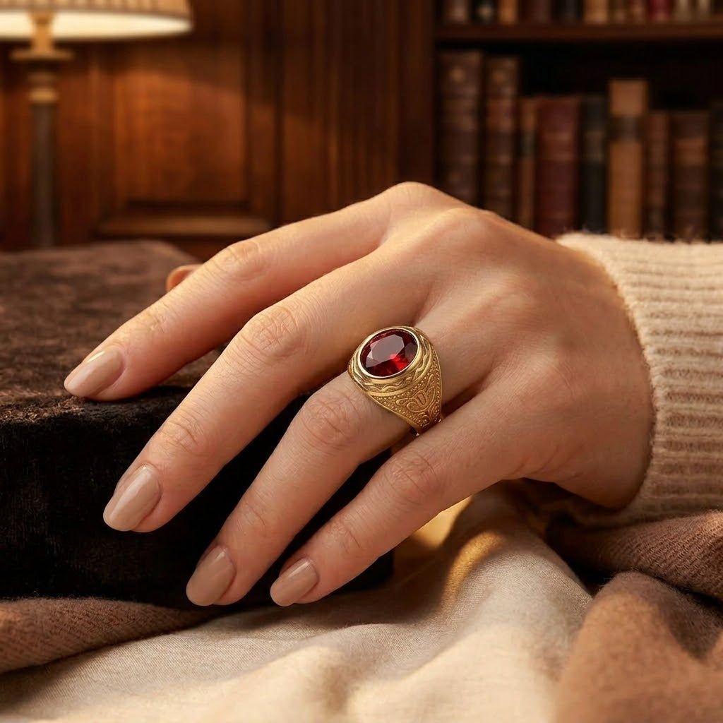 Gouden Ring Met Gegraveerde Robijn