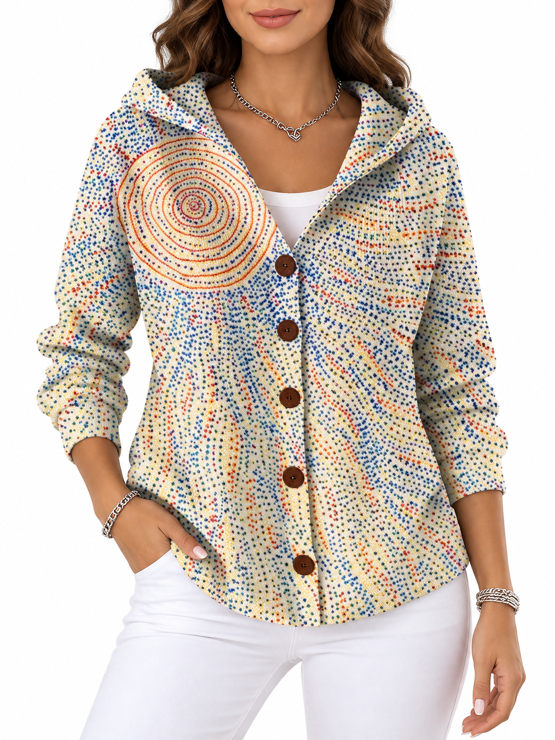 Marit Gebreid Vest met Print en Capuchon