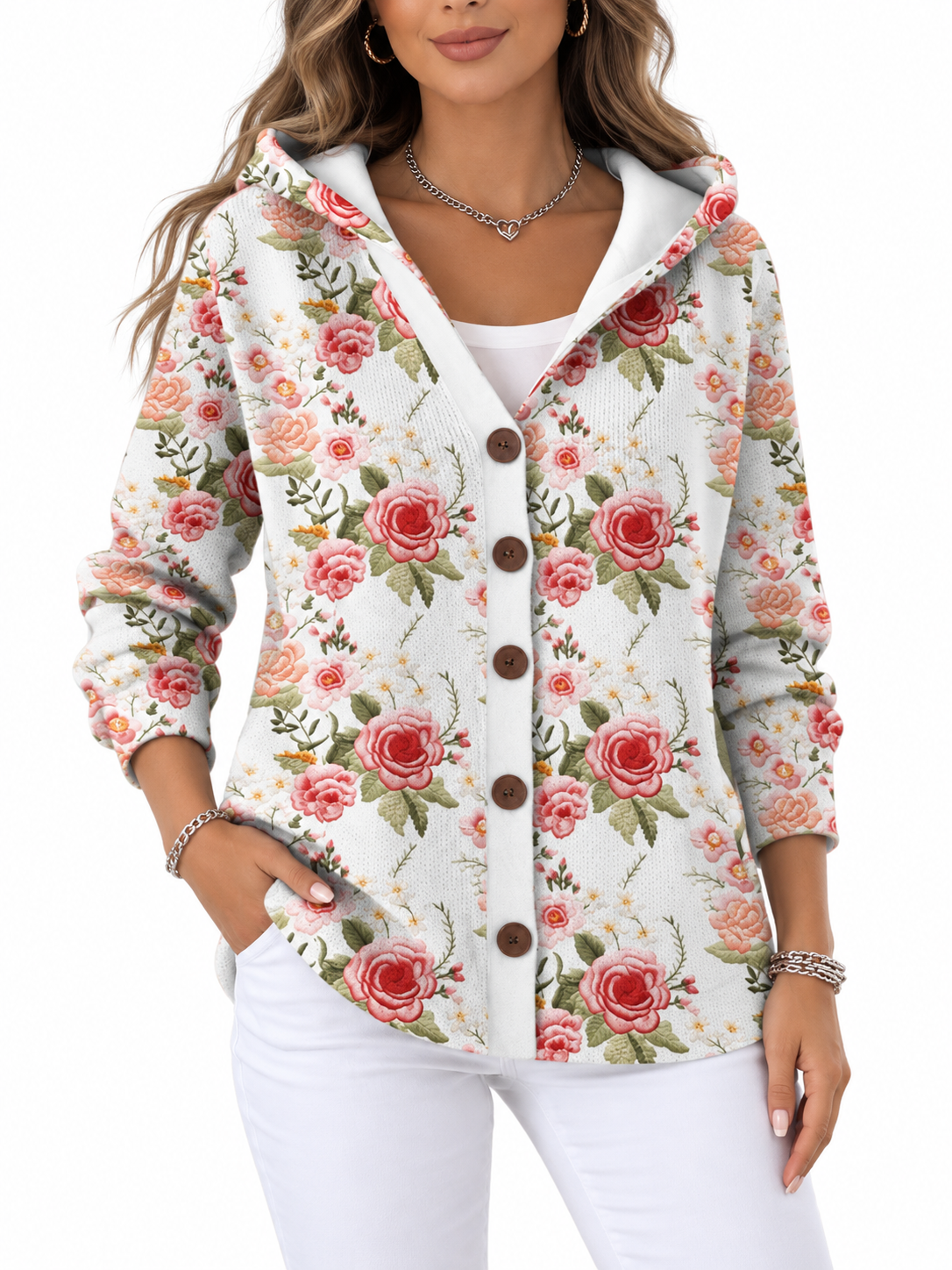 Marit Gebreid Vest met Print en Capuchon