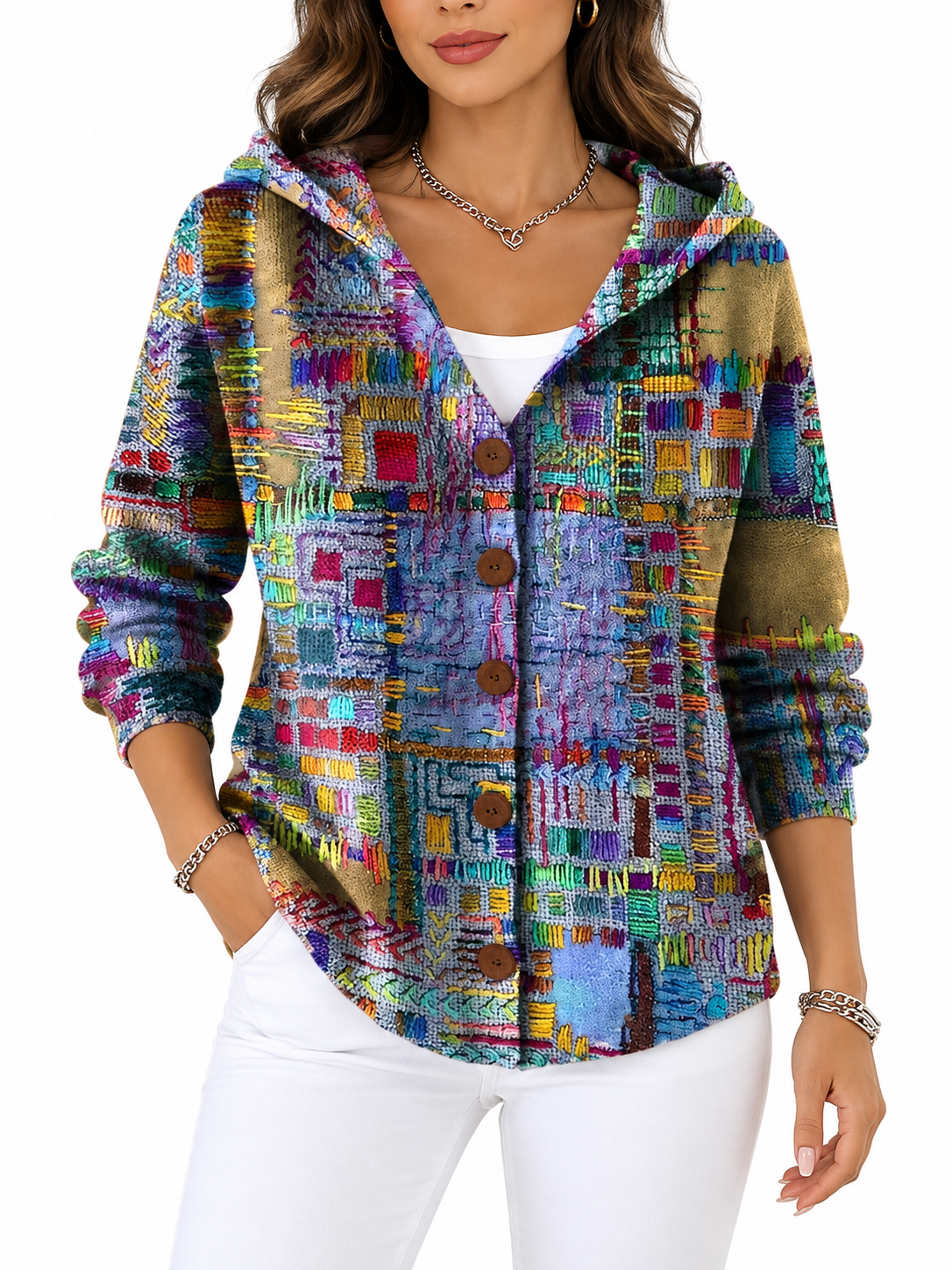 Marit Gebreid Vest met Print en Capuchon