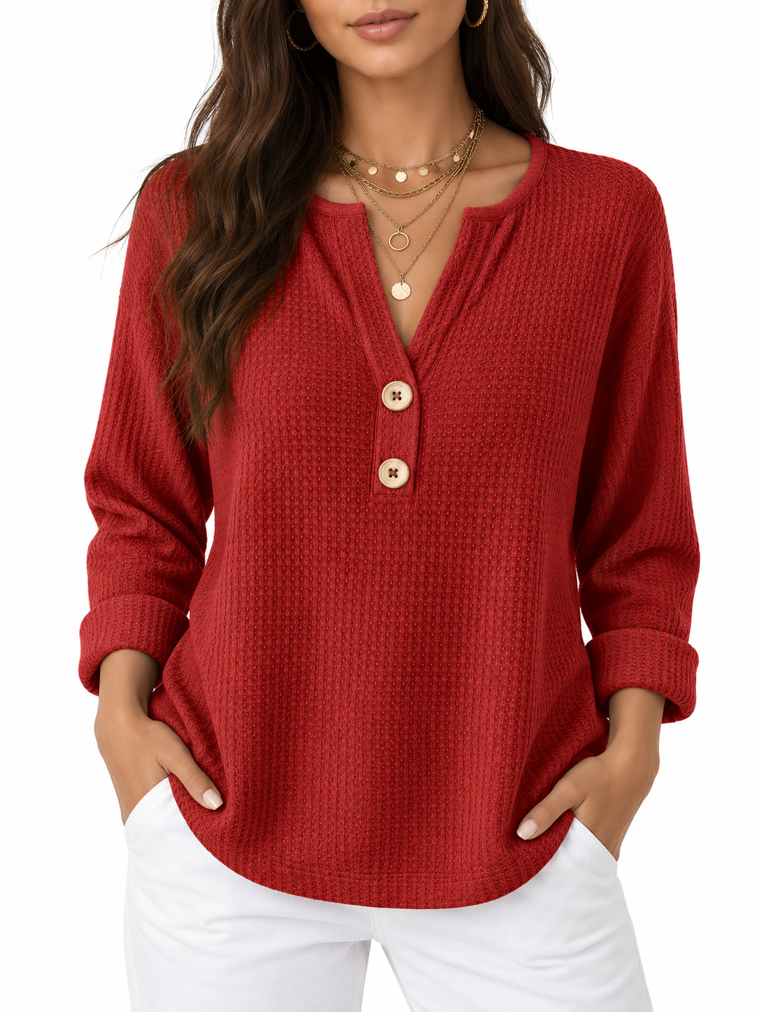 Lucie Gegolfd Henley T-shirt met Knopen