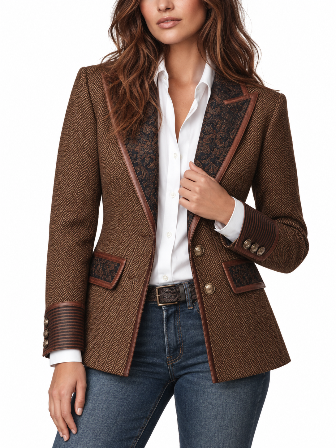 Gerda Blazer met Inzetstukken en Visgraatprint