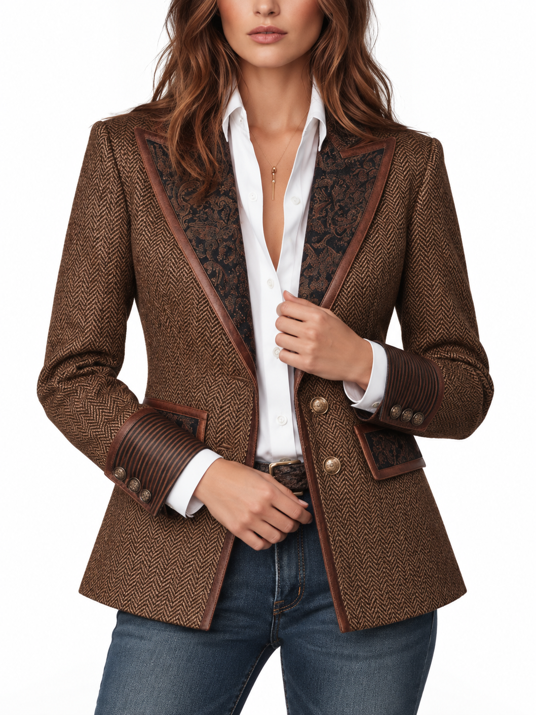 Gerda Blazer met Inzetstukken en Visgraatprint