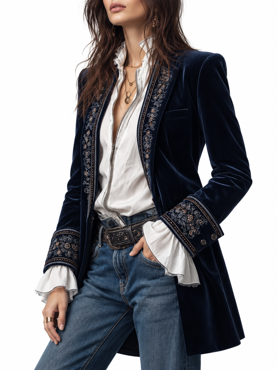 Anouk Lange Geborduurde Vintage Jas Marineblauw