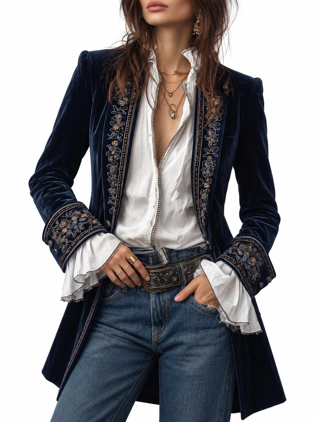 Anouk Lange Geborduurde Vintage Jas Marineblauw