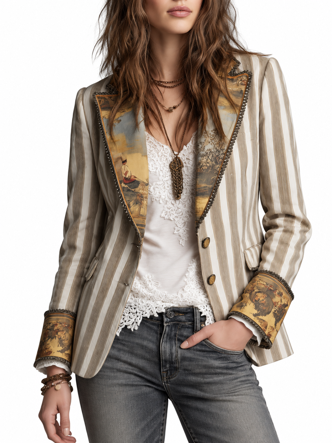 Suze Bohemien Gestreepte Blazer met Geprinte Kraag