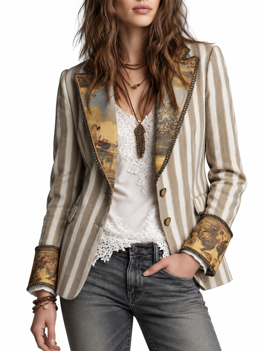 Suze Bohemien Gestreepte Blazer met Geprinte Kraag