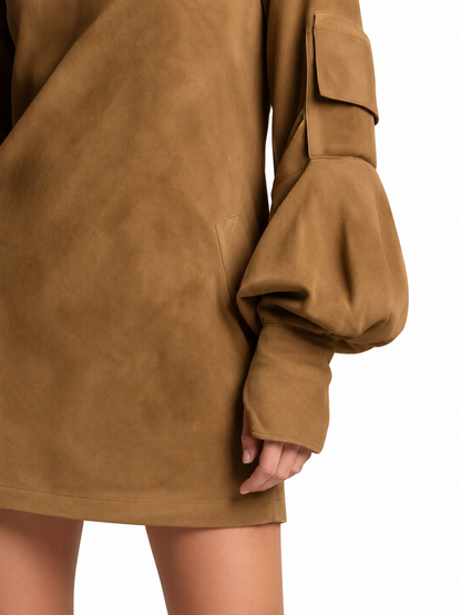 Bibiane Mini Jurk Oversized in Suède met Hoge Hals