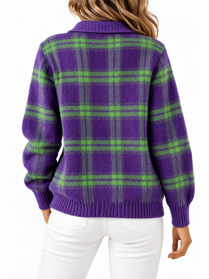 Fiorenza Geruite Gebreide Cardigan Donkerpaars