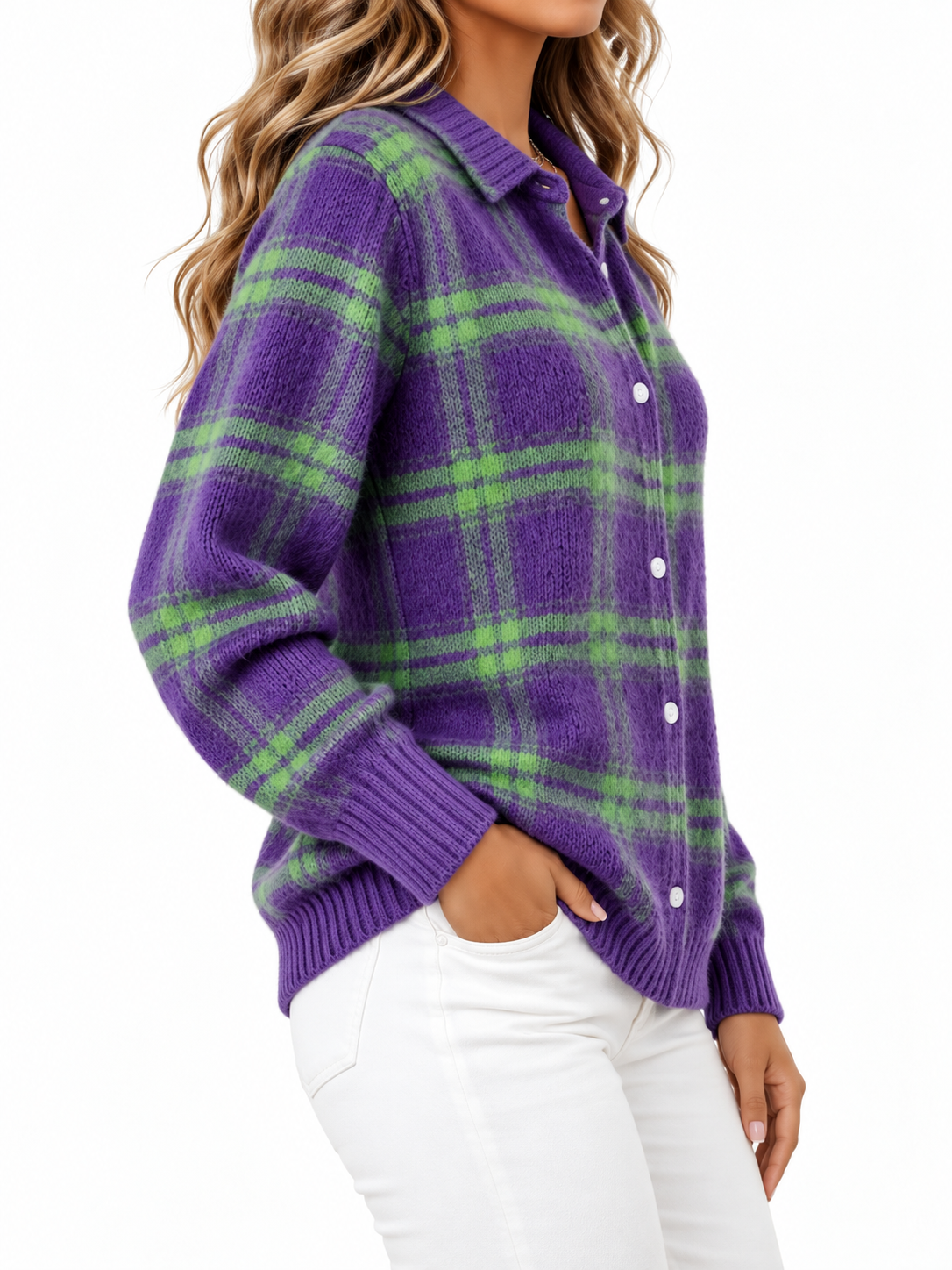 Fiorenza Geruite Gebreide Cardigan Donkerpaars