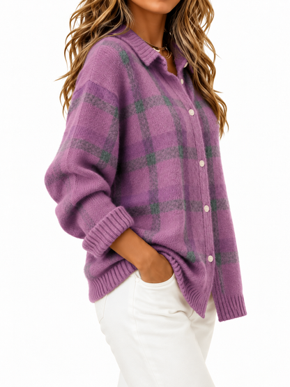 Sofia Geruite Gebreide Cardigan Paars