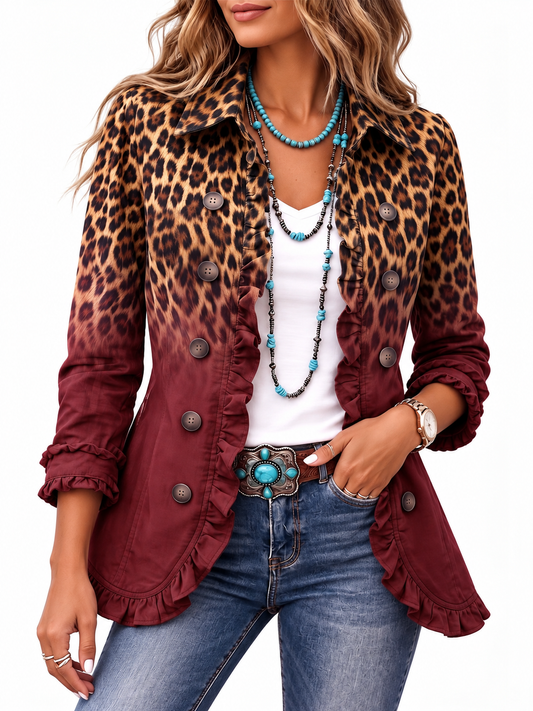 Cassandra Luipaardprint Blazer met Volant en Kleurverloop