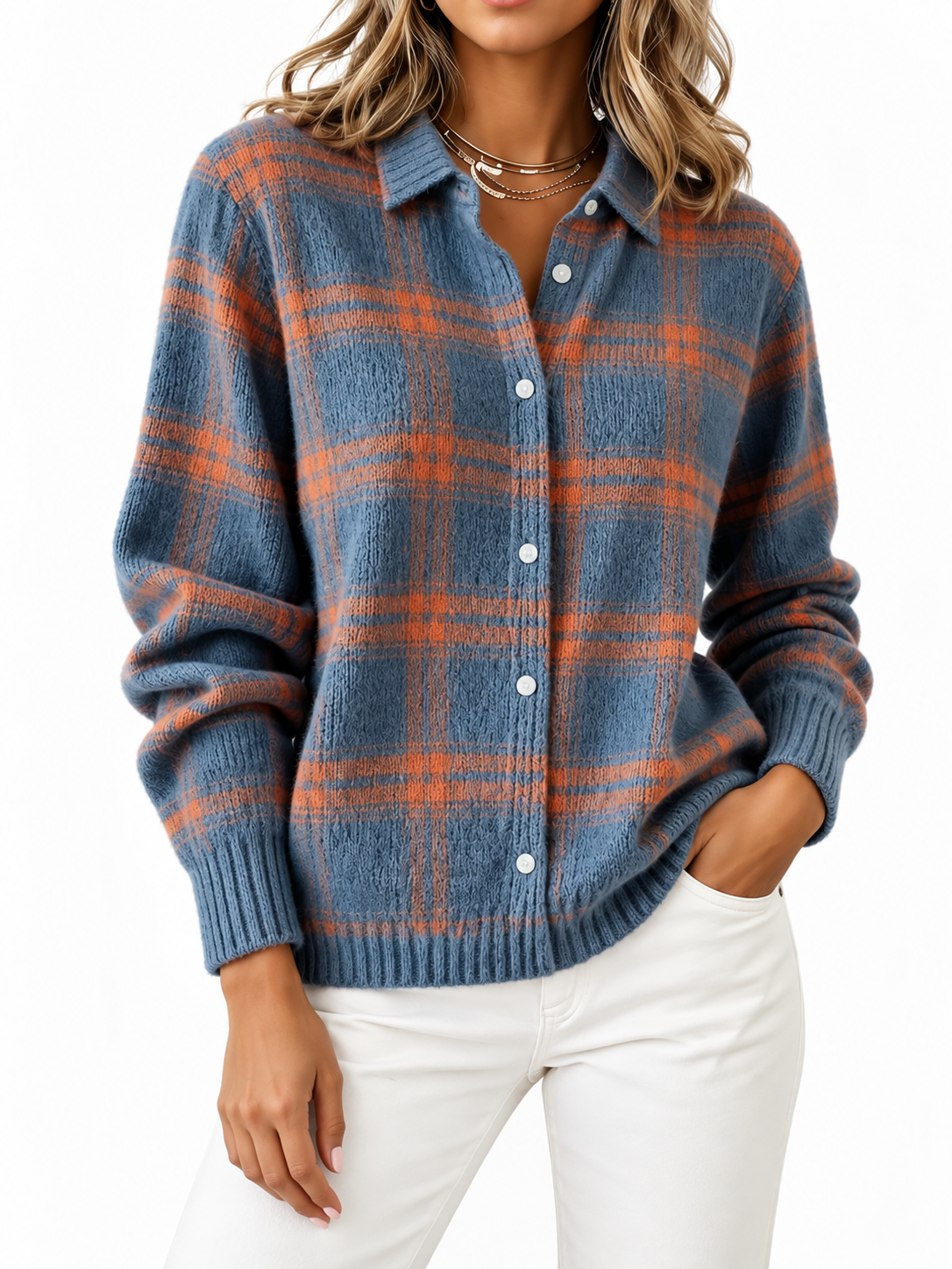 Grazia Geruite Gebreide Cardigan Blauw