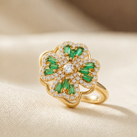 Gouden Bloemenring Met Smaragd