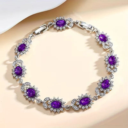 Zilverkleurige Bloemenarmband Met Amethist