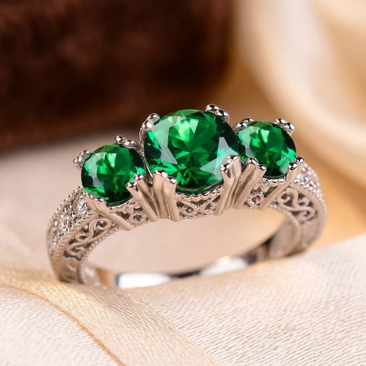 Zilveren Driesteens Ring Met Smaragd